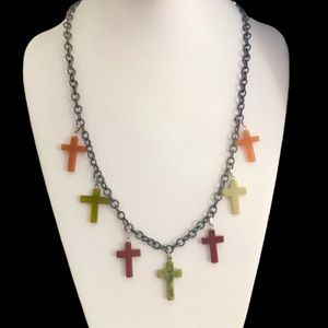 Multi gem cross copper tone link chain necklace